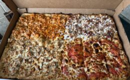 Nirchi's Full Sheet Pizza made into 4 separate quarter sheet pizzas with different toppings!